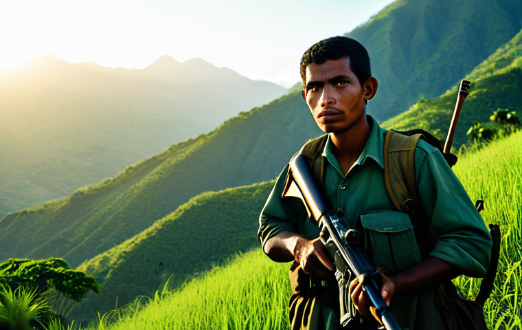 The Struggle for Independence**

"A determined Timorese guerilla fighter, fully clothed in modest clothing, stands in a lush, green mountain landscape, holding a rifle. The sun rises behind him, casting long shadows.  Focus on the grit and determination in his eyes. Safe for work, appropriate content, perfect anatomy, natural proportions, professional, high quality."

**