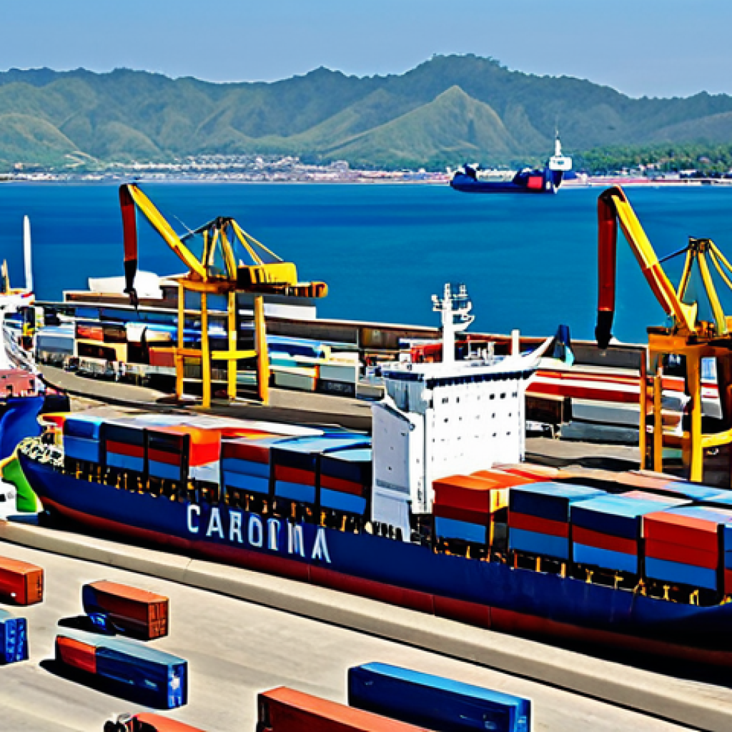 동티모르 선박 운송 - "A bustling port scene in Dili, East Timor, featuring cargo ships unloading goods, fully clothed doc...