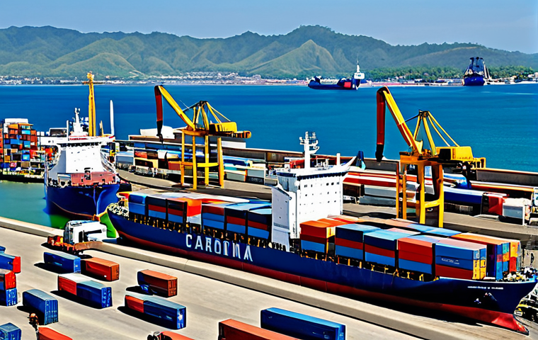 동티모르 선박 운송 - "A bustling port scene in Dili, East Timor, featuring cargo ships unloading goods, fully clothed doc...