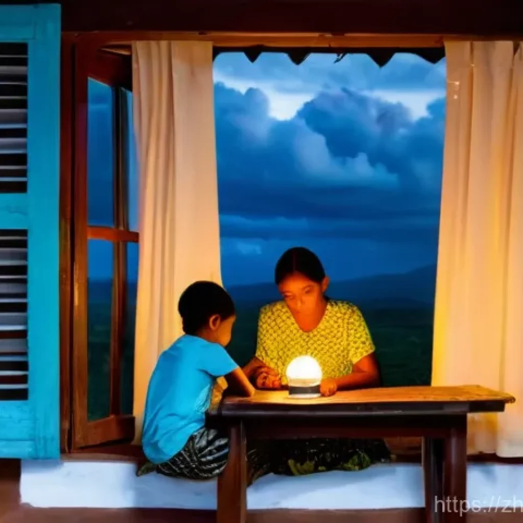 동티모르의 에너지 문제 - **Prompt:** A heartwarming and slightly melancholic image of a Timorese family in a dimly lit, modes...