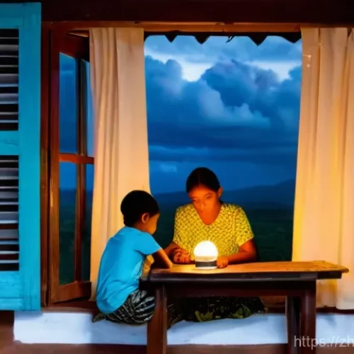 동티모르의 에너지 문제 - **Prompt:** A heartwarming and slightly melancholic image of a Timorese family in a dimly lit, modes...