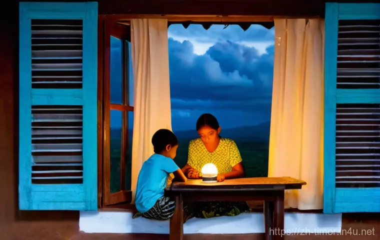 동티모르의 에너지 문제 - **Prompt:** A heartwarming and slightly melancholic image of a Timorese family in a dimly lit, modes...