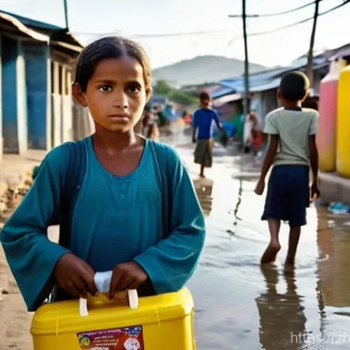 동티모르 물 부족 문제 - **Prompt for Urban Water Scarcity:**
    "A realistic and poignant photograph of a young Timorese mo...
