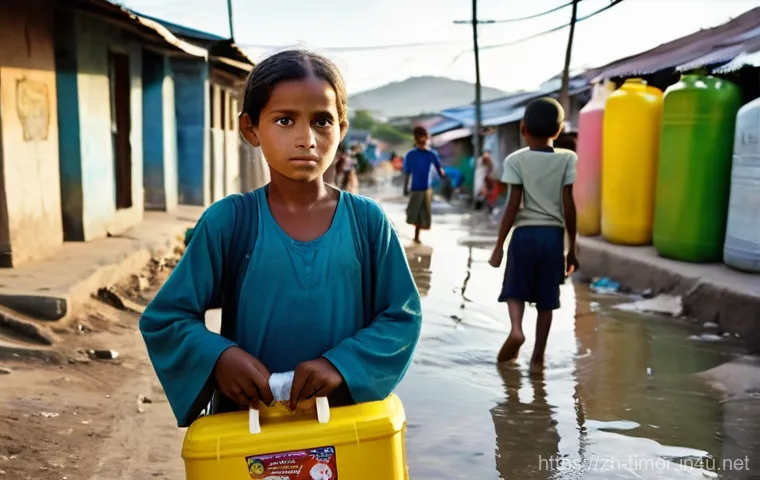 동티모르 물 부족 문제 - **Prompt for Urban Water Scarcity:**
    "A realistic and poignant photograph of a young Timorese mo...