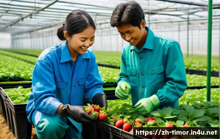동티모르와 한국의 교류 - A vibrant, realistic photograph capturing a group of young East Timorese agricultural workers in a m...